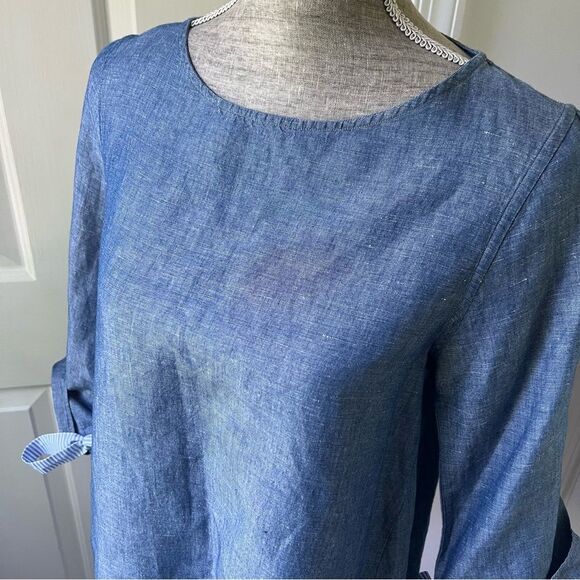 Ann Mashburn Blue Linen Cotton Chambray Blouse Size Small Tie Sleeves - Picture 7 of 7